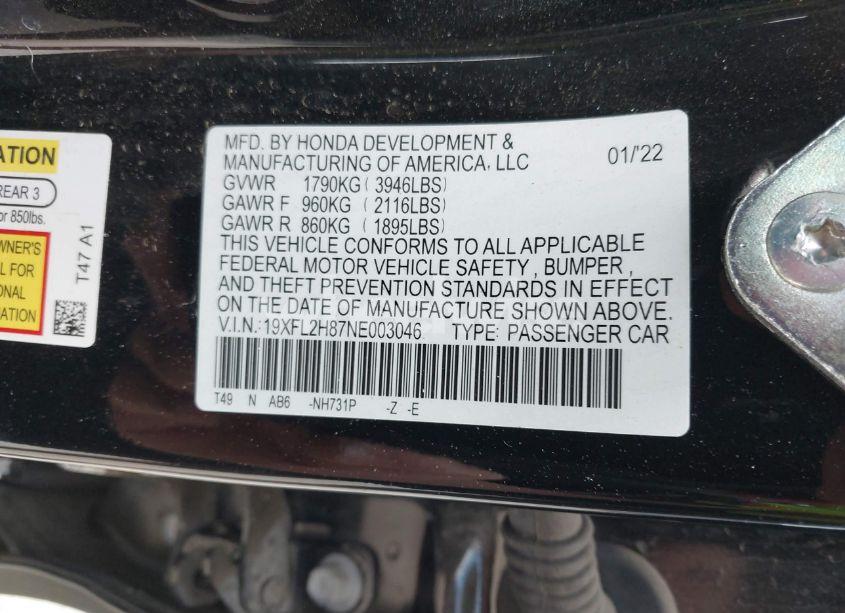 Photo 9 of 2022 Honda Civic SPORT (VIN 19XFL2H87NE003046)