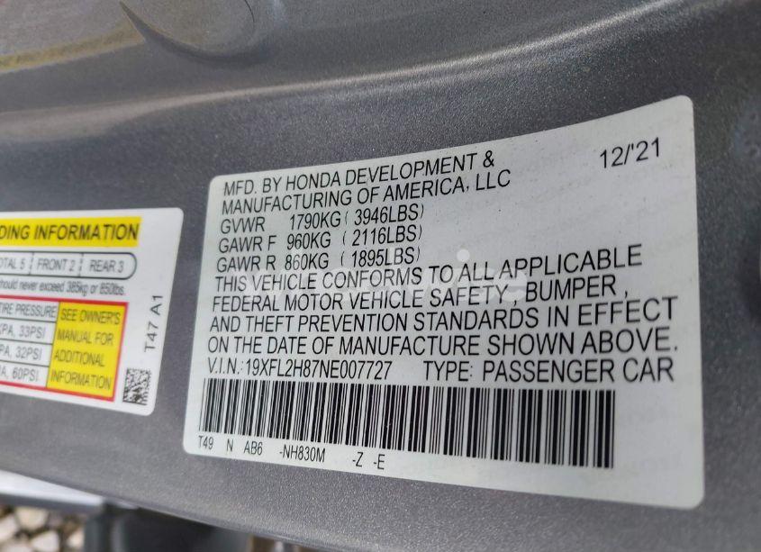 Photo 9 of 2022 Honda Civic SPORT (VIN 19XFL2H87NE007727)