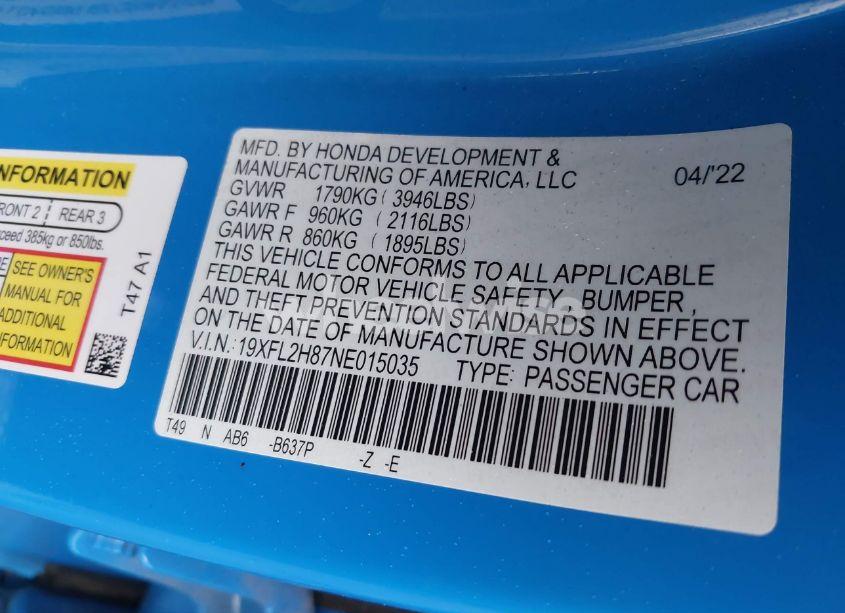 Photo 9 of 2022 Honda Civic SPORT (VIN 19XFL2H87NE015035)