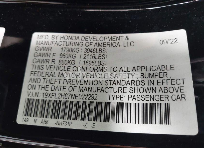 Photo 9 of 2022 Honda Civic SPORT (VIN 19XFL2H87NE022292)