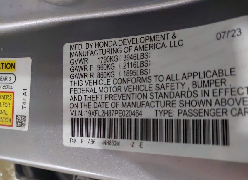 Photo 9 of 2023 Honda Civic SPORT (VIN 19XFL2H87PE020464)