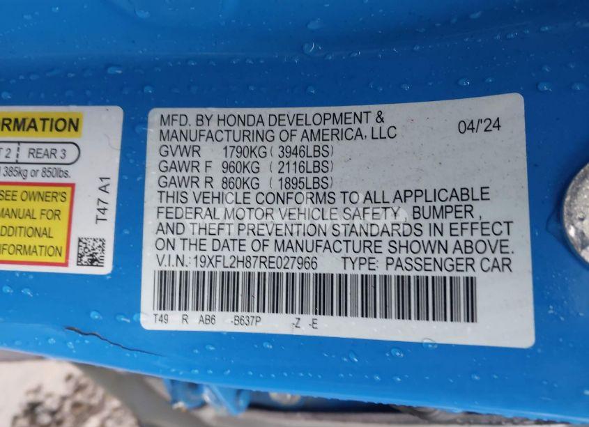 Photo 9 of 2024 Honda Civic SPORT (VIN 19XFL2H87RE027966)