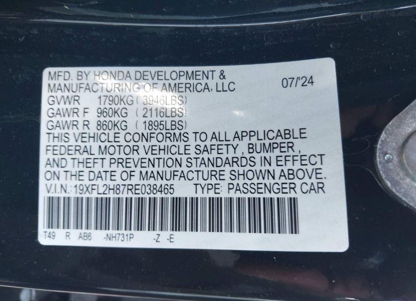 Photo 9 of 2024 Honda Civic SPORT (VIN 19XFL2H87RE038465)