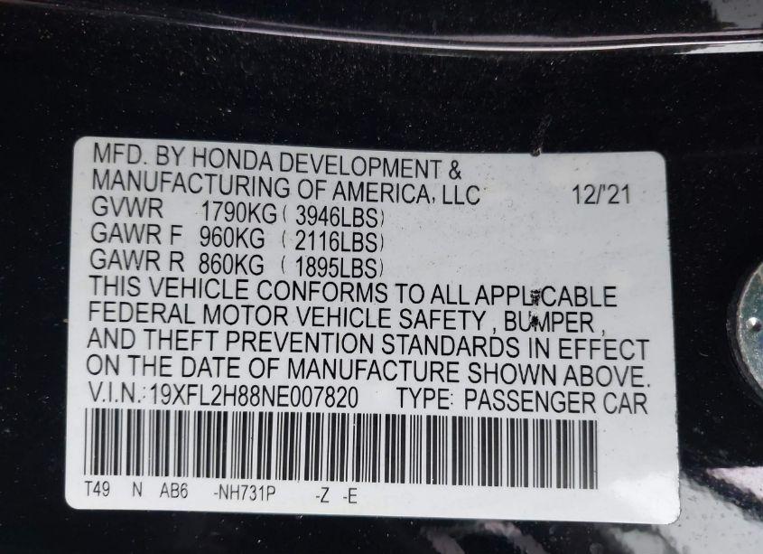 Photo 9 of 2022 Honda Civic SPORT (VIN 19XFL2H88NE007820)