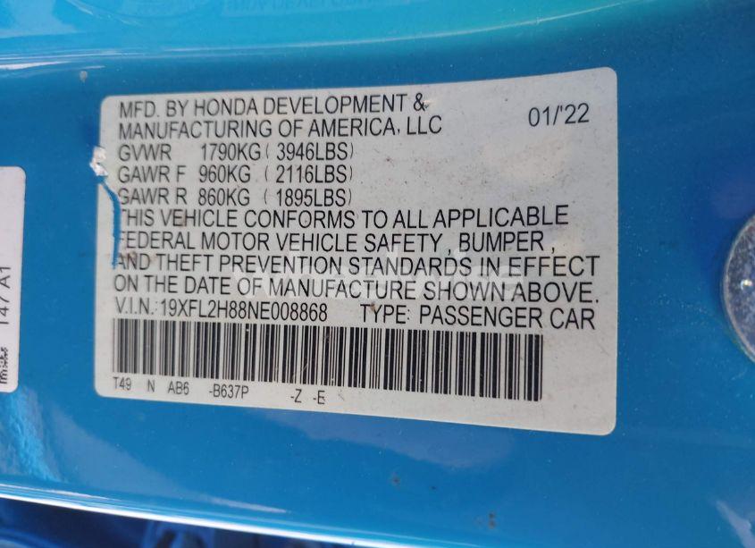 Photo 9 of 2022 Honda Civic SPORT (VIN 19XFL2H88NE008868)