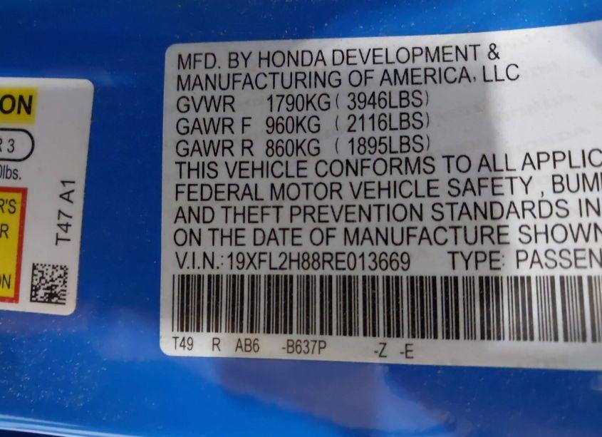 Photo 9 of 2024 Honda Civic SPORT (VIN 19XFL2H88RE013669)