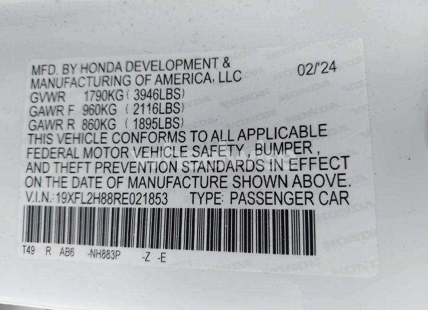 Photo 9 of 2024 Honda Civic SPORT (VIN 19XFL2H88RE021853)