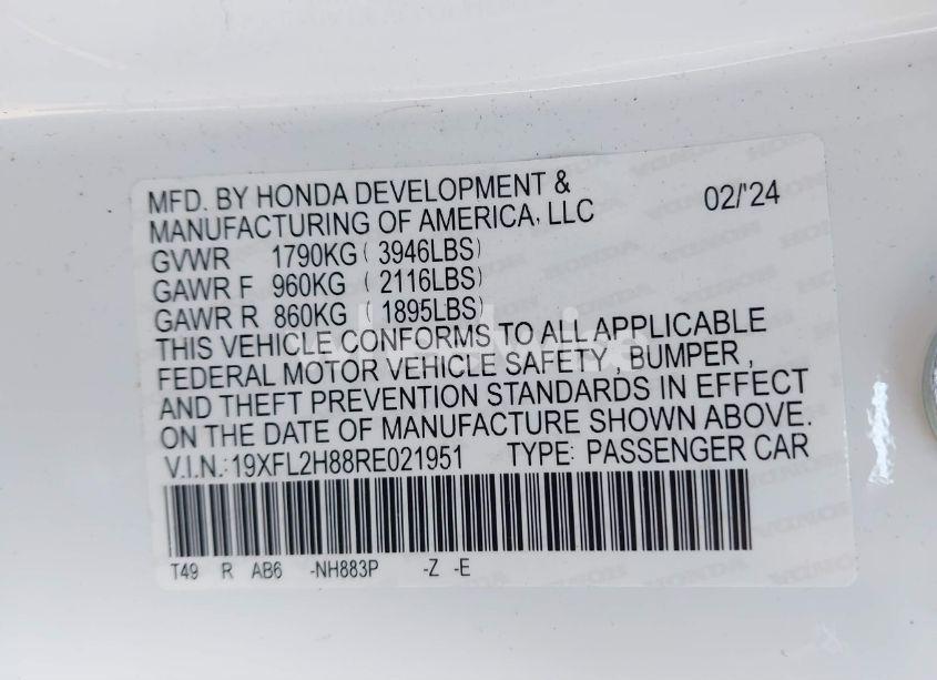 Photo 9 of 2024 Honda Civic SPORT (VIN 19XFL2H88RE021951)