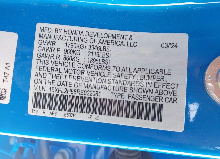 Photo 9 of 2024 Honda Civic SPORT (VIN 19XFL2H88RE022081)