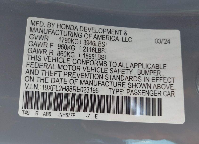 Photo 9 of 2024 Honda Civic SPORT (VIN 19XFL2H88RE023196)