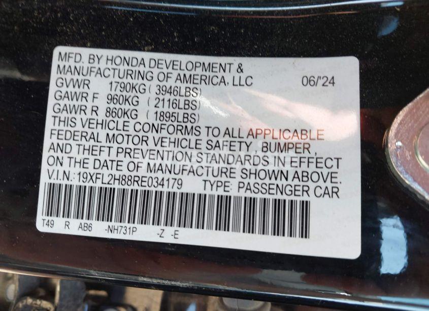 Photo 9 of 2024 Honda Civic SPORT (VIN 19XFL2H88RE034179)