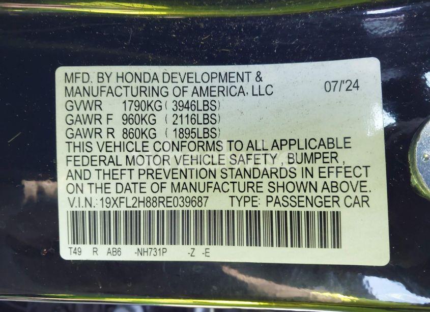 Photo 9 of 2024 Honda Civic SPORT (VIN 19XFL2H88RE039687)