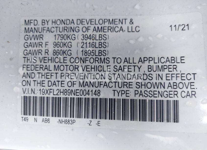 Photo 9 of 2022 Honda Civic SPORT (VIN 19XFL2H89NE004148)