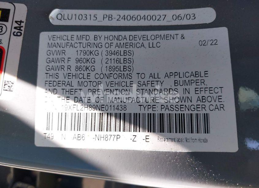 Photo 9 of 2022 Honda Civic SPORT (VIN 19XFL2H89NE011438)