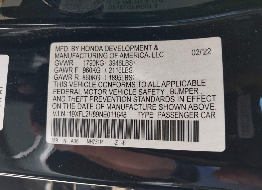 Photo 9 of 2022 Honda Civic SPORT (VIN 19XFL2H89NE011648)