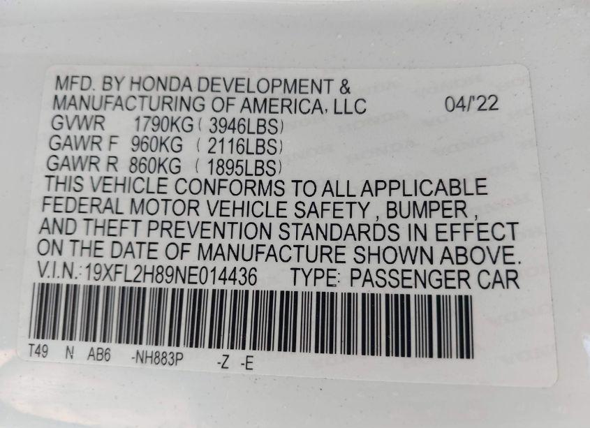 Photo 9 of 2022 Honda Civic SPORT (VIN 19XFL2H89NE014436)