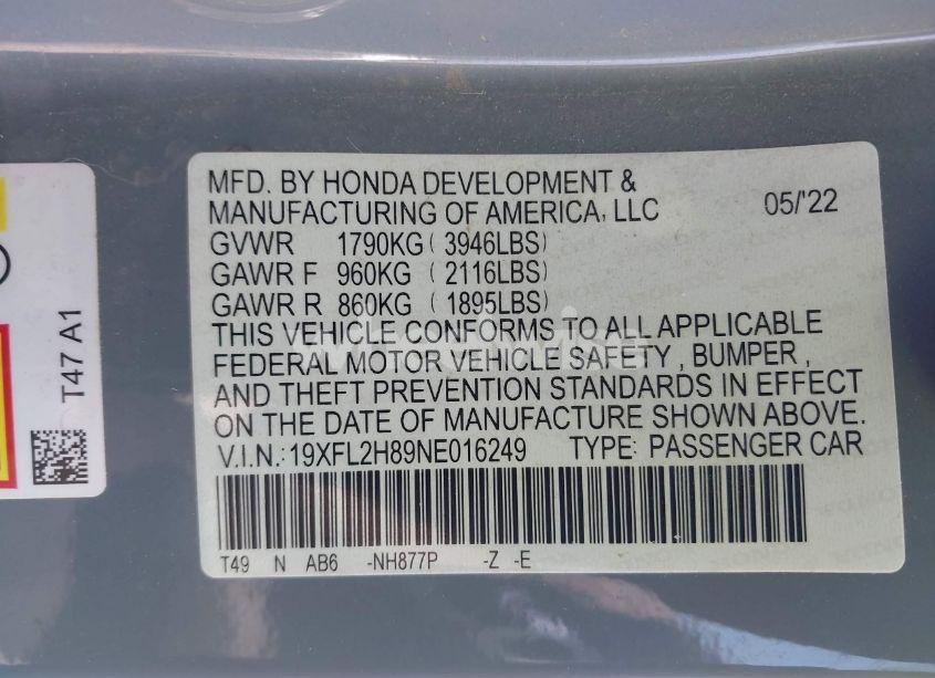 Photo 9 of 2022 Honda Civic SPORT (VIN 19XFL2H89NE016249)