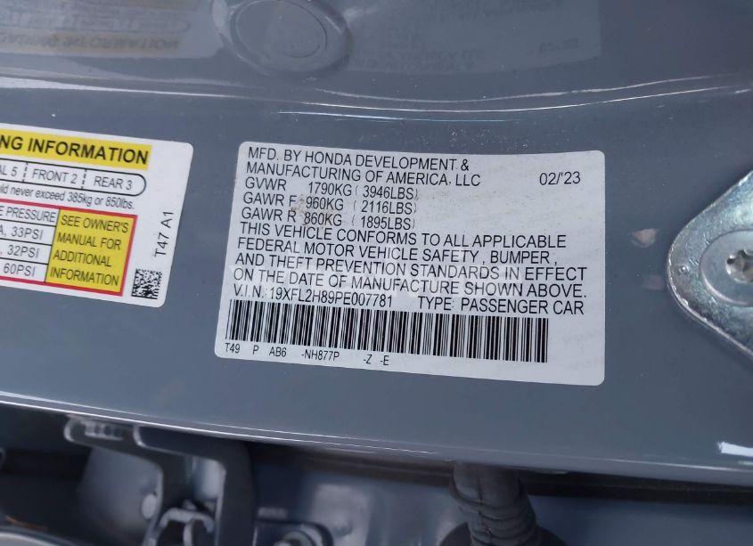 Photo 9 of 2023 Honda Civic SPORT (VIN 19XFL2H89PE007781)