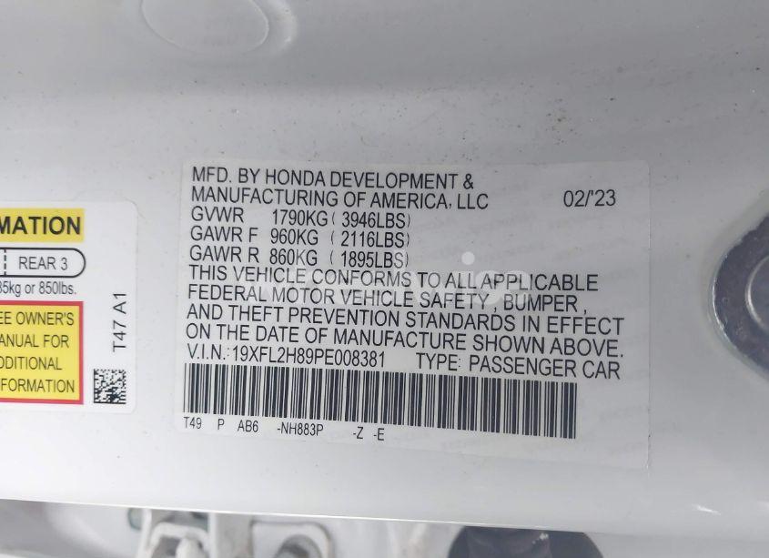 Photo 9 of 2023 Honda Civic SPORT (VIN 19XFL2H89PE008381)