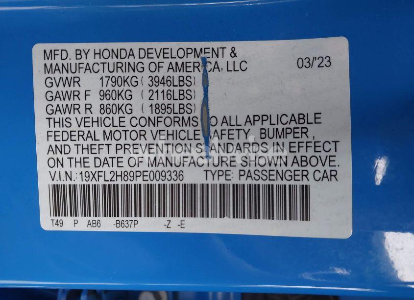 Photo 9 of 2023 Honda Civic SPORT (VIN 19XFL2H89PE009336)
