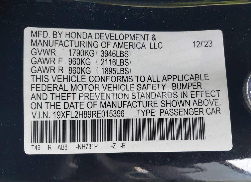 Photo 9 of 2024 Honda Civic SPORT (VIN 19XFL2H89RE015396)