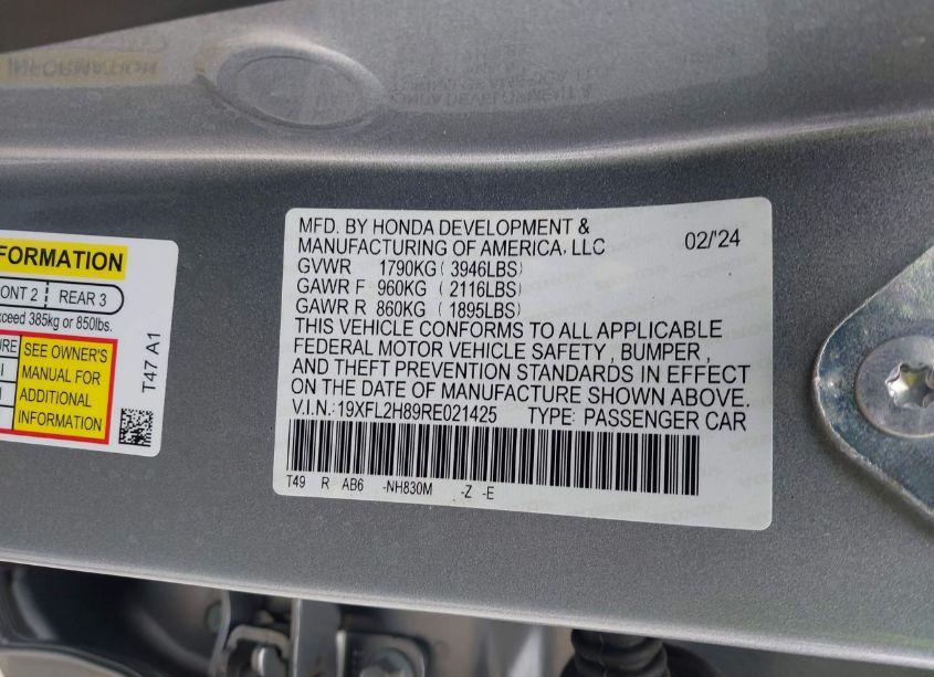 Photo 9 of 2024 Honda Civic SPORT (VIN 19XFL2H89RE021425)