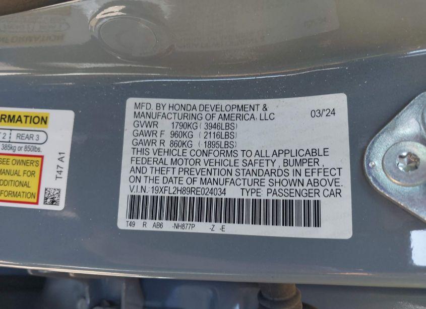 Photo 9 of 2024 Honda Civic SPORT (VIN 19XFL2H89RE024034)