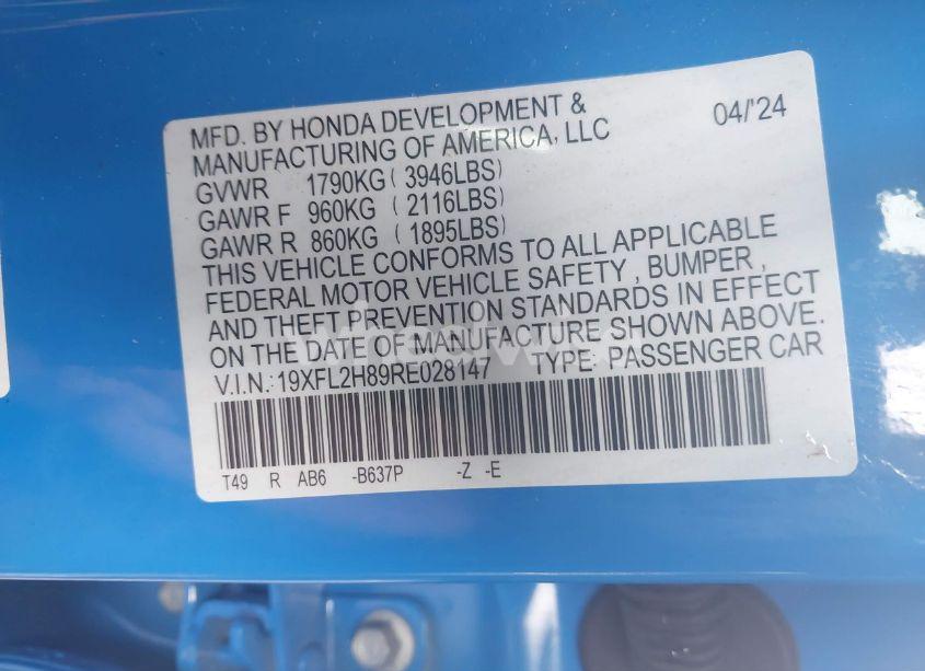 Photo 9 of 2024 Honda Civic SPORT (VIN 19XFL2H89RE028147)