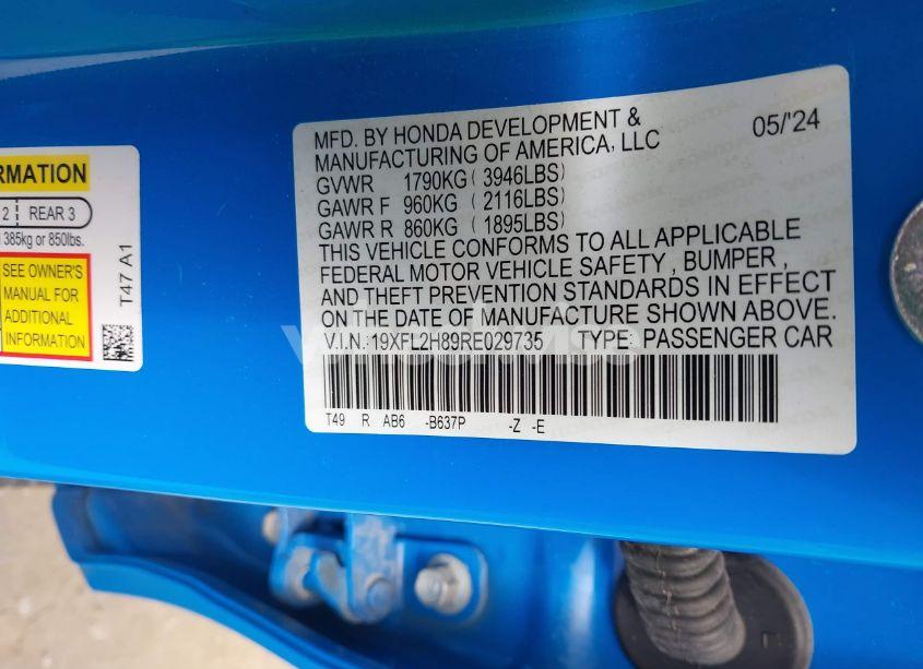 Photo 9 of 2024 Honda Civic SPORT (VIN 19XFL2H89RE029735)