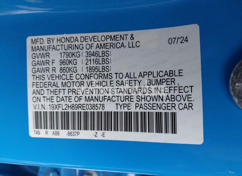Photo 9 of 2024 Honda Civic SPORT (VIN 19XFL2H89RE038578)