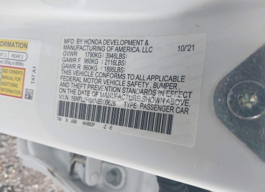 Photo 9 of 2022 Honda Civic SPORT (VIN 19XFL2H8XNE000626)