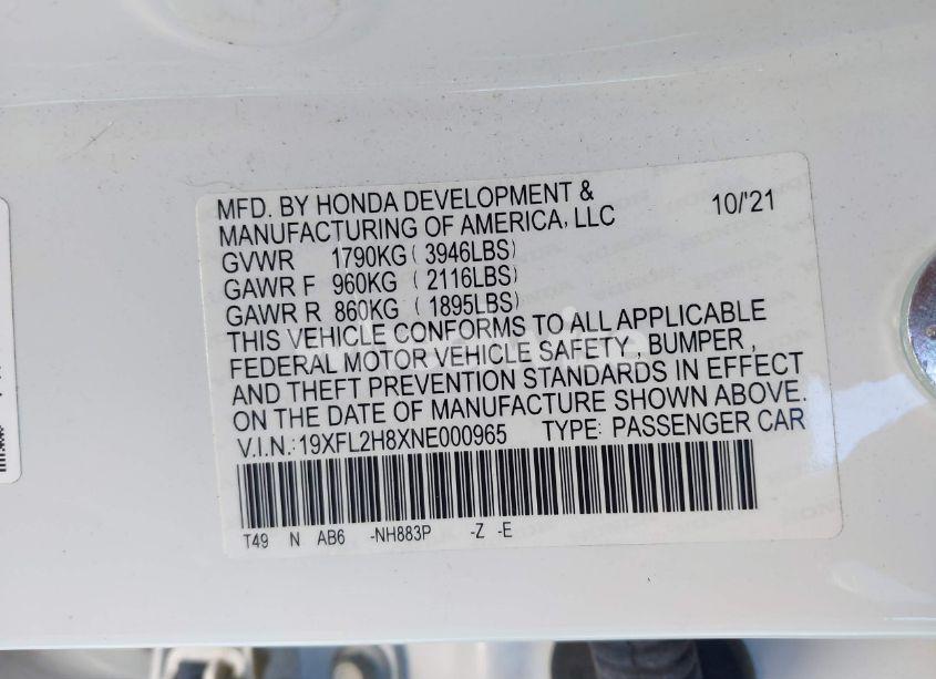 Photo 9 of 2022 Honda Civic SPORT (VIN 19XFL2H8XNE000965)