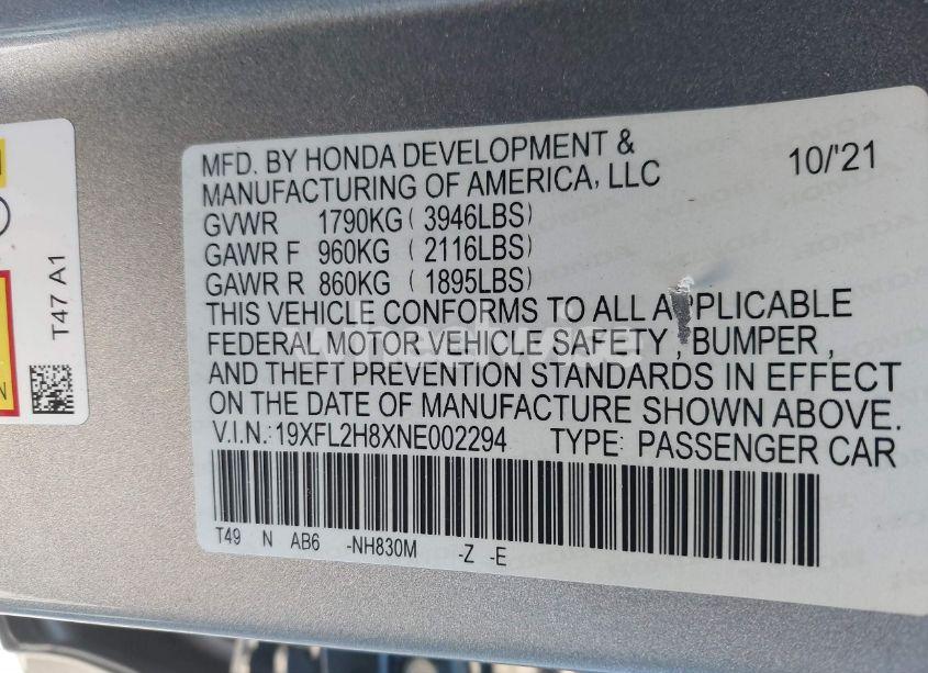 Photo 9 of 2022 Honda Civic SPORT (VIN 19XFL2H8XNE002294)