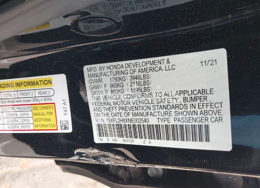 Photo 9 of 2022 Honda Civic SPORT (VIN 19XFL2H8XNE002540)