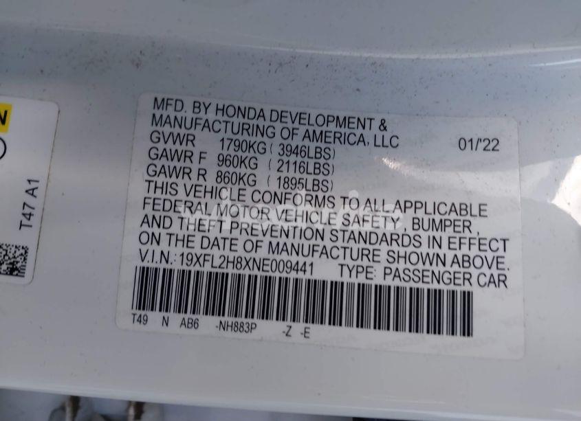 Photo 9 of 2022 Honda Civic SPORT (VIN 19XFL2H8XNE009441)