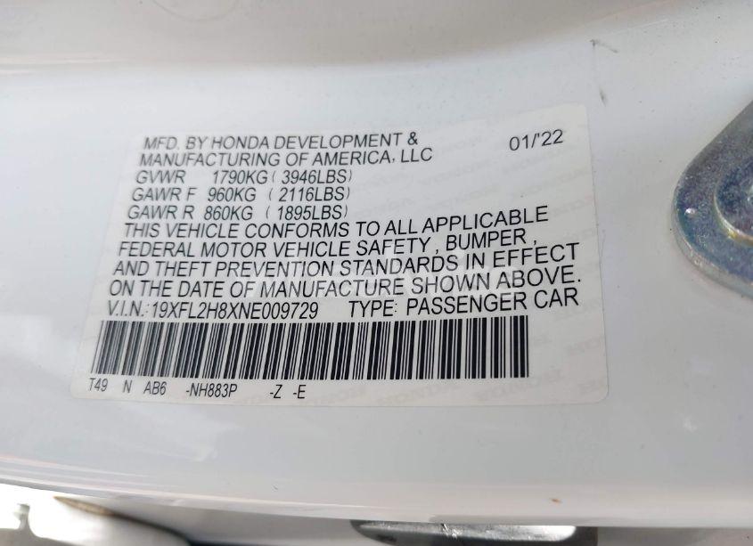 Photo 9 of 2022 Honda Civic SPORT (VIN 19XFL2H8XNE009729)