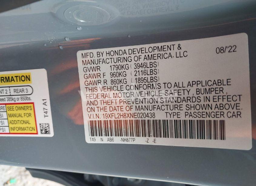 Photo 9 of 2022 Honda Civic SPORT (VIN 19XFL2H8XNE020438)