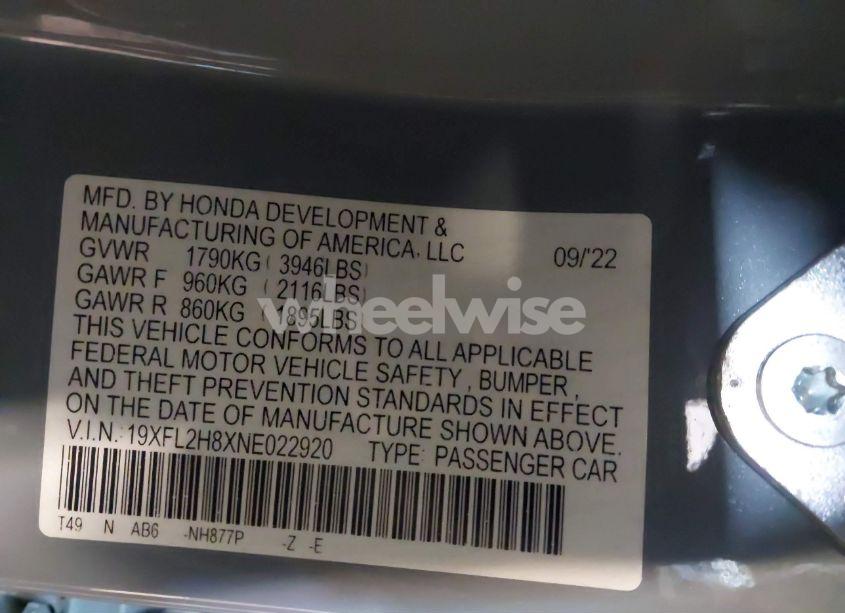 Photo 9 of 2022 Honda Civic SPORT (VIN 19XFL2H8XNE022920)