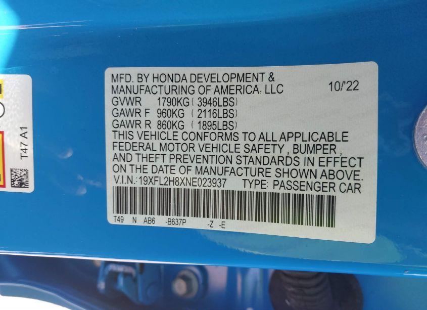 Photo 9 of 2022 Honda Civic SPORT (VIN 19XFL2H8XNE023937)