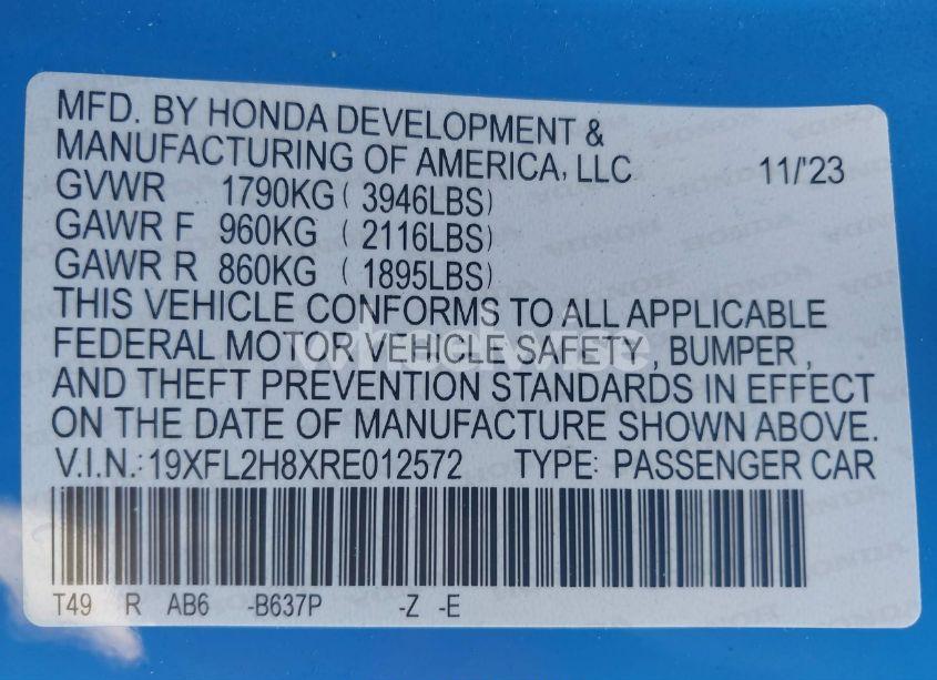 Photo 9 of 2024 Honda Civic SPORT (VIN 19XFL2H8XRE012572)