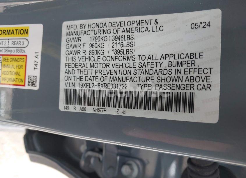 Photo 9 of 2024 Honda Civic SPORT (VIN 19XFL2H8XRE031722)