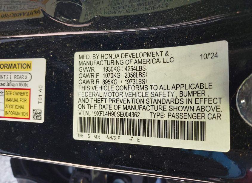 Photo 9 of 2025 Honda Civic HYBRID SPORT TOURING (VIN 19XFL4H90SE004362)