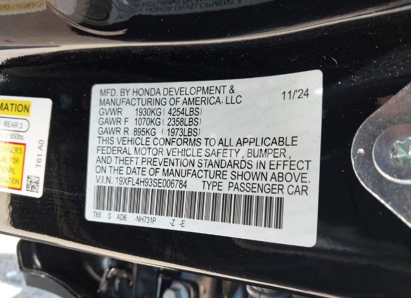 Photo 9 of 2025 Honda Civic HYBRID SPORT TOURING (VIN 19XFL4H93SE006784)