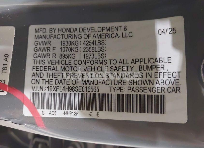 Photo 9 of 2025 Honda Civic HYBRID SPORT TOURING (VIN 19XFL4H98SE016565)