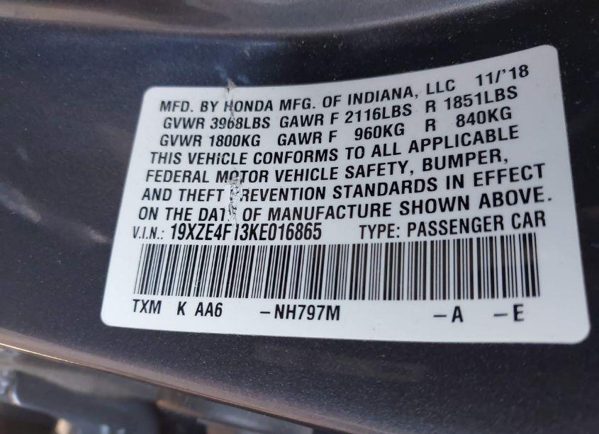 Photo 9 of 2019 Honda Insight LX (VIN 19XZE4F13KE016865)