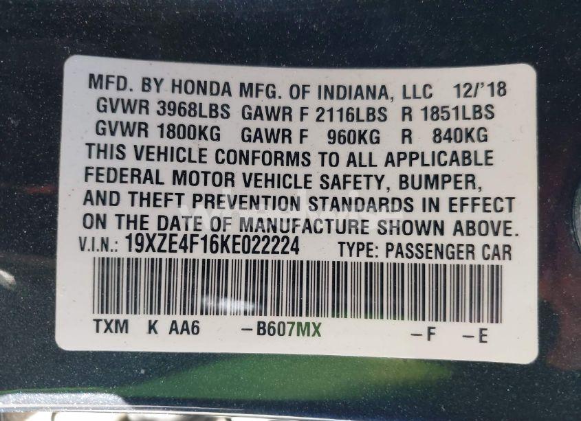 Photo 9 of 2019 Honda Insight LX (VIN 19XZE4F16KE022224)