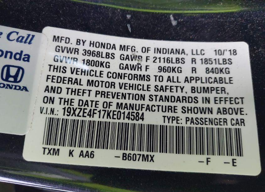 Photo 9 of 2019 Honda Insight LX (VIN 19XZE4F17KE014584)