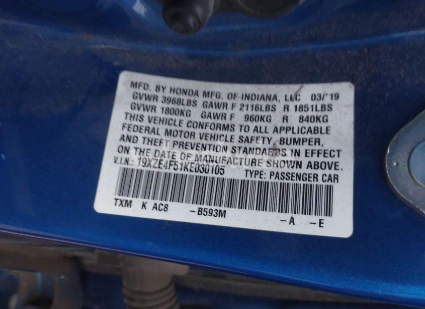 Photo 9 of 2019 Honda Insight EX (VIN 19XZE4F51KE030105)