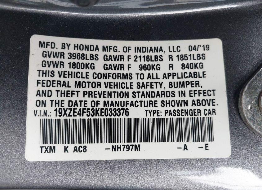 Photo 9 of 2019 Honda Insight EX (VIN 19XZE4F53KE033376)