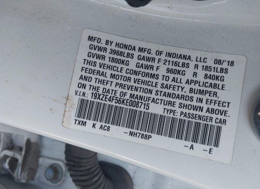 Photo 9 of 2019 Honda Insight EX (VIN 19XZE4F56KE008715)